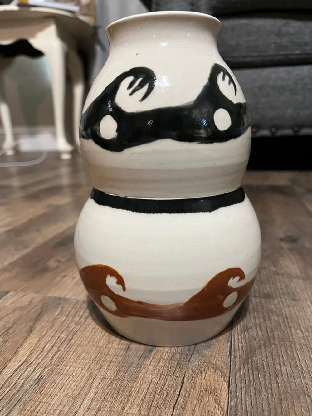 Hand-Painted Ceramic Double-Gourd Vase in Cream, Black & Brown
